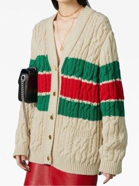 Gucci Cream Cable-Knit Cardigan with Green & Red Stripes
